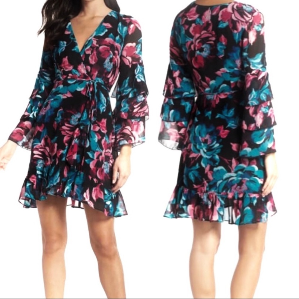 Charles Henry Wrap Tiered Long Sleeve Dress